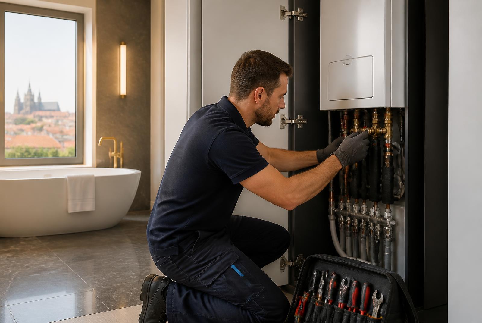 Technik provádí servis zařízení v pražském bytě